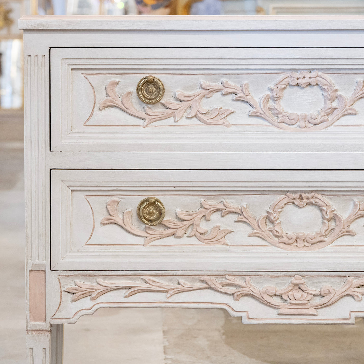 Swedish 2-Drawer Chest in Antique White – Pink Carved Floral Motifs