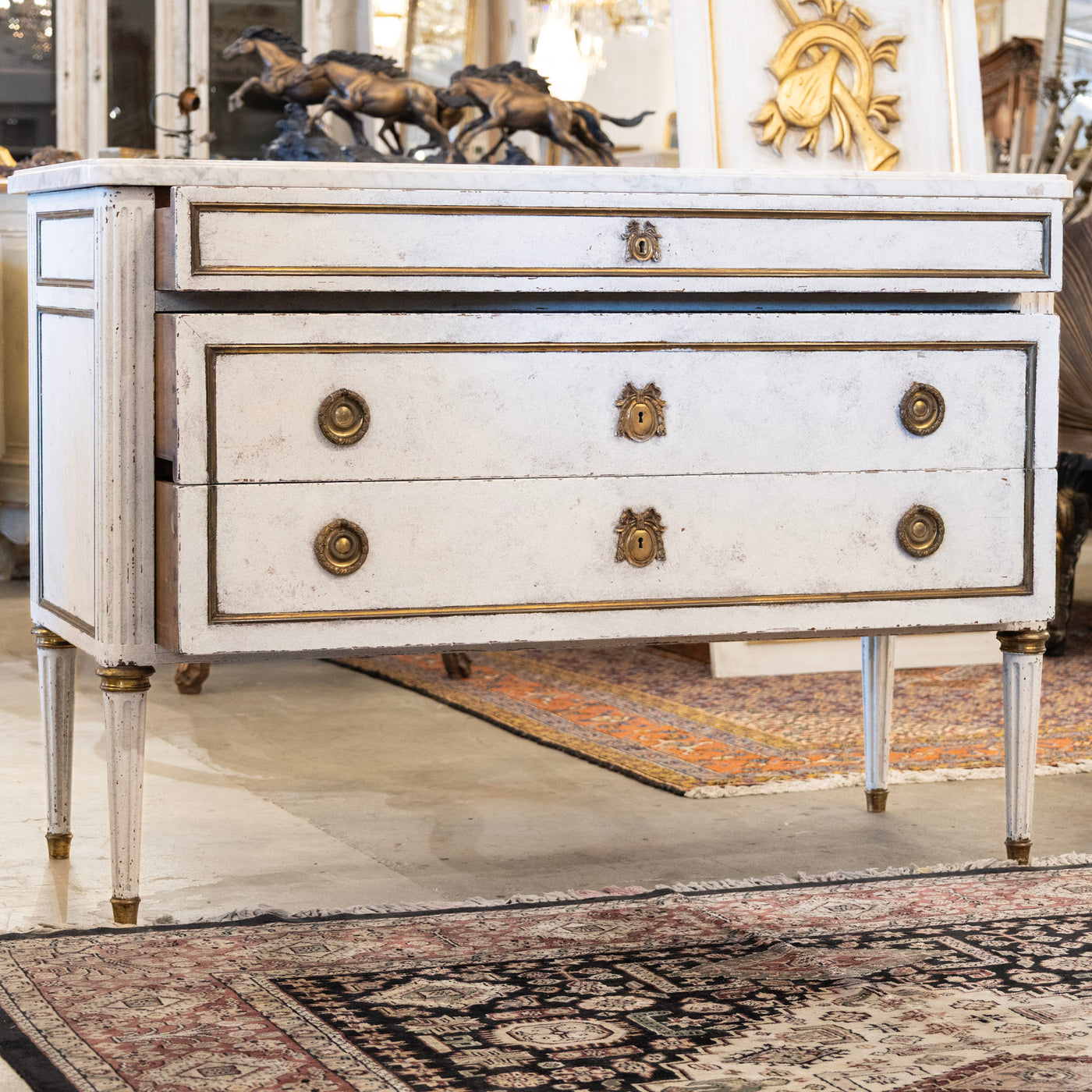 Louis XVI 3-Drawer Chest – White Distressed Finish with Marble Top