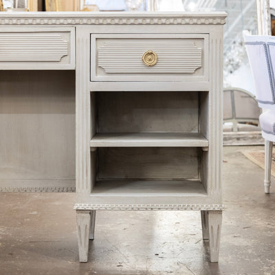 Swedish Painted Vanity – Fluted Drawers & Open Shelf in French Grey