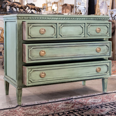 Swedish 3-Drawer Carved Chest – Distressed Green Finish