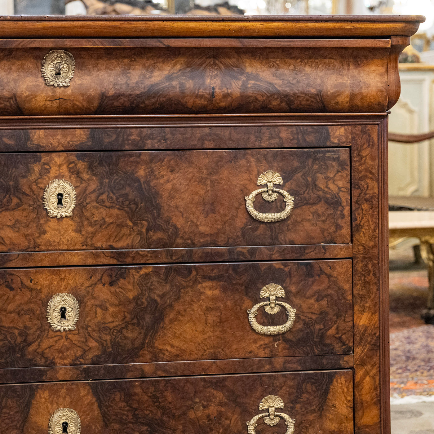 Louis Philippe Marbled Burl Wood Chest – Ornate Pulls