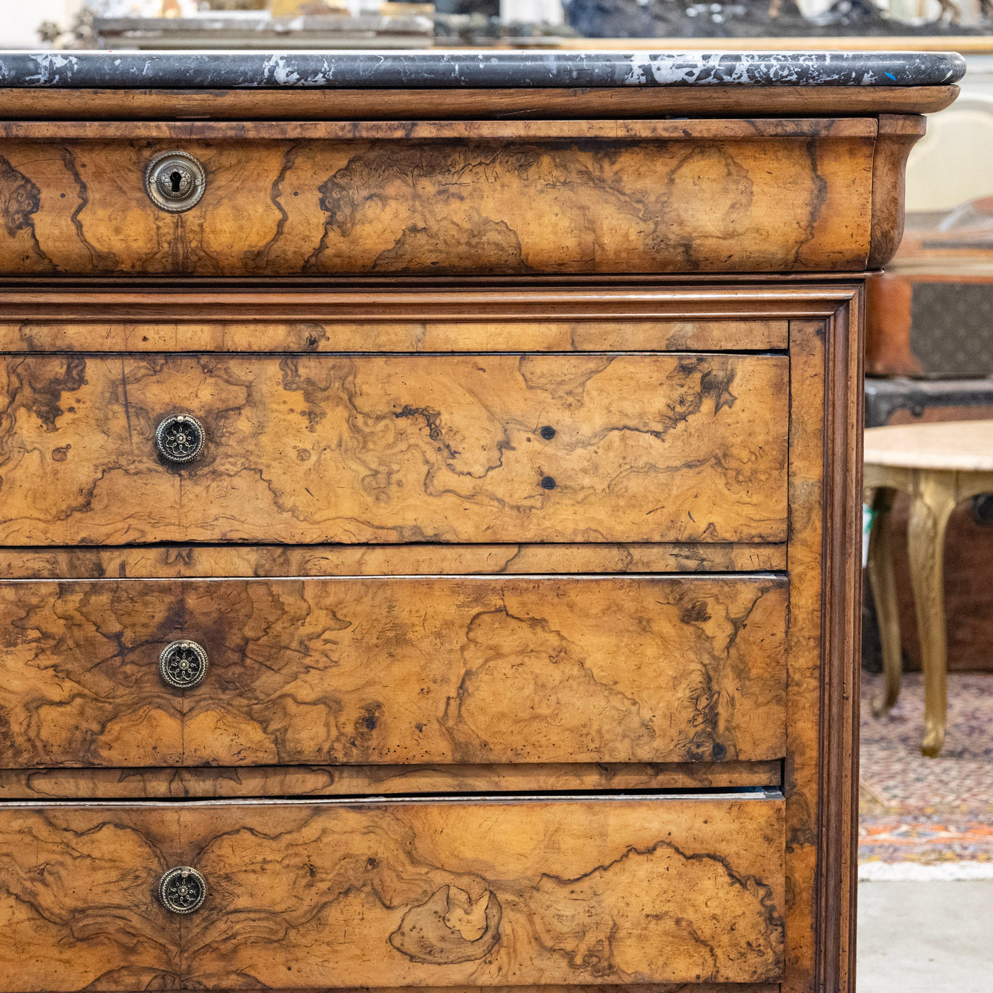 Louis Philippe Marbled Burl Wood Chest – Black Marble Top
