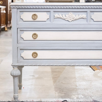 Swedish 3-Drawer Chest – Blue & White Finish with Floral Carving