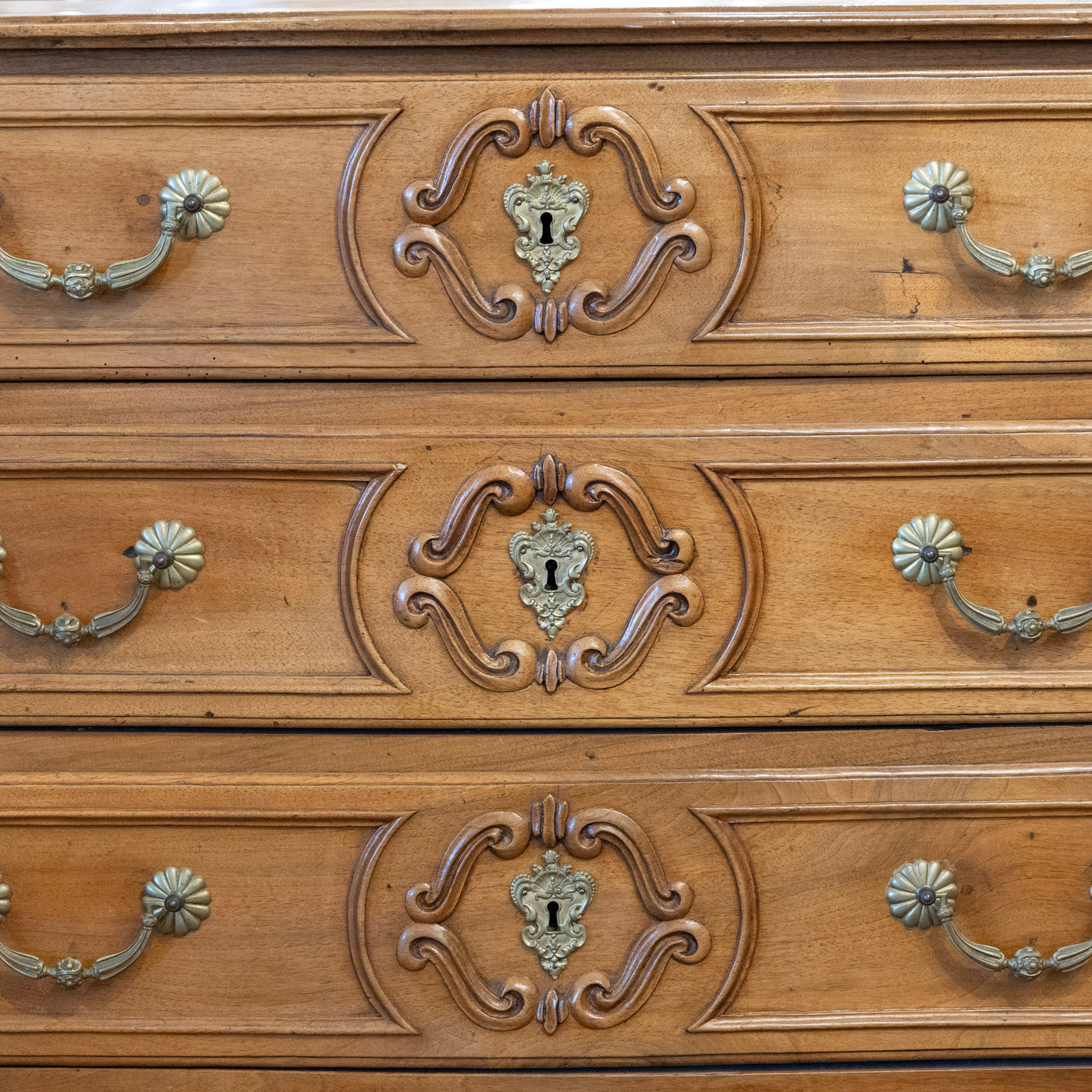 18th Century Wood Chest – Hand-Carved Details & Brass Rosette Pulls
