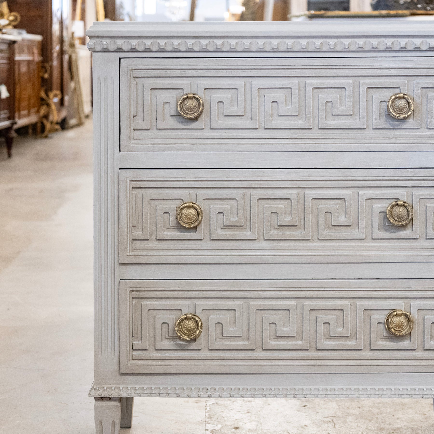 Greek Drawer Swedish 3-Drawer Chest – Greek Key Trim in French Grey – Le Chateau