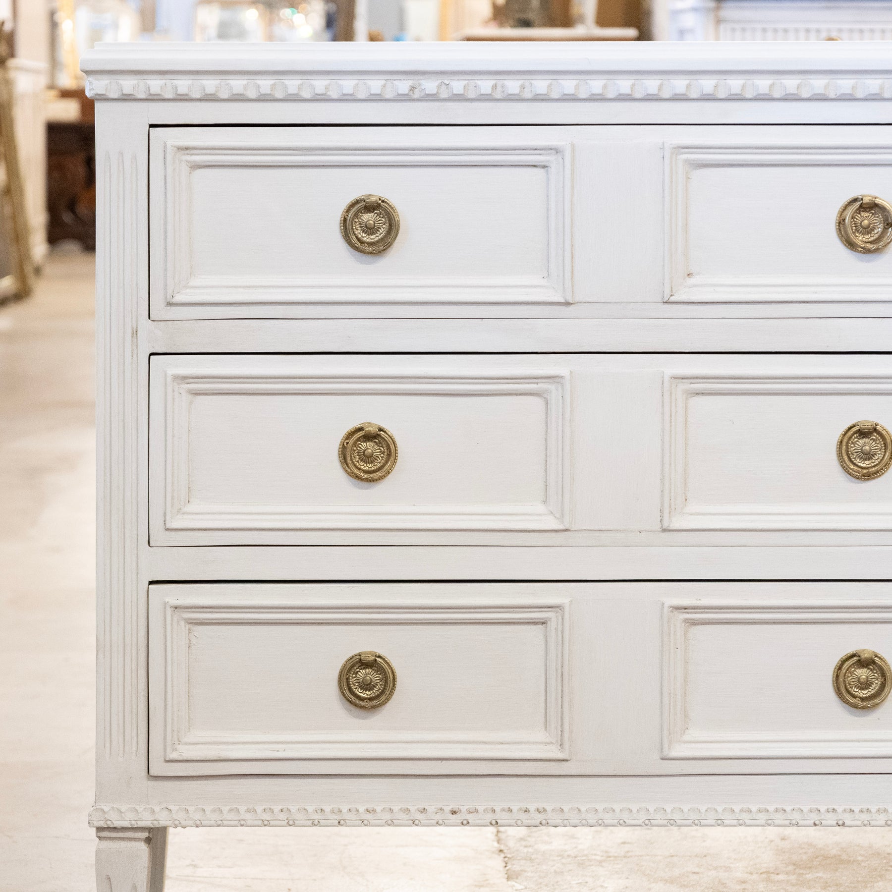 Square Raised Panel Drawer Swedish 3-Drawer Chest – Raised Panel Drawers & Fluted Legs in Dove Wh ...