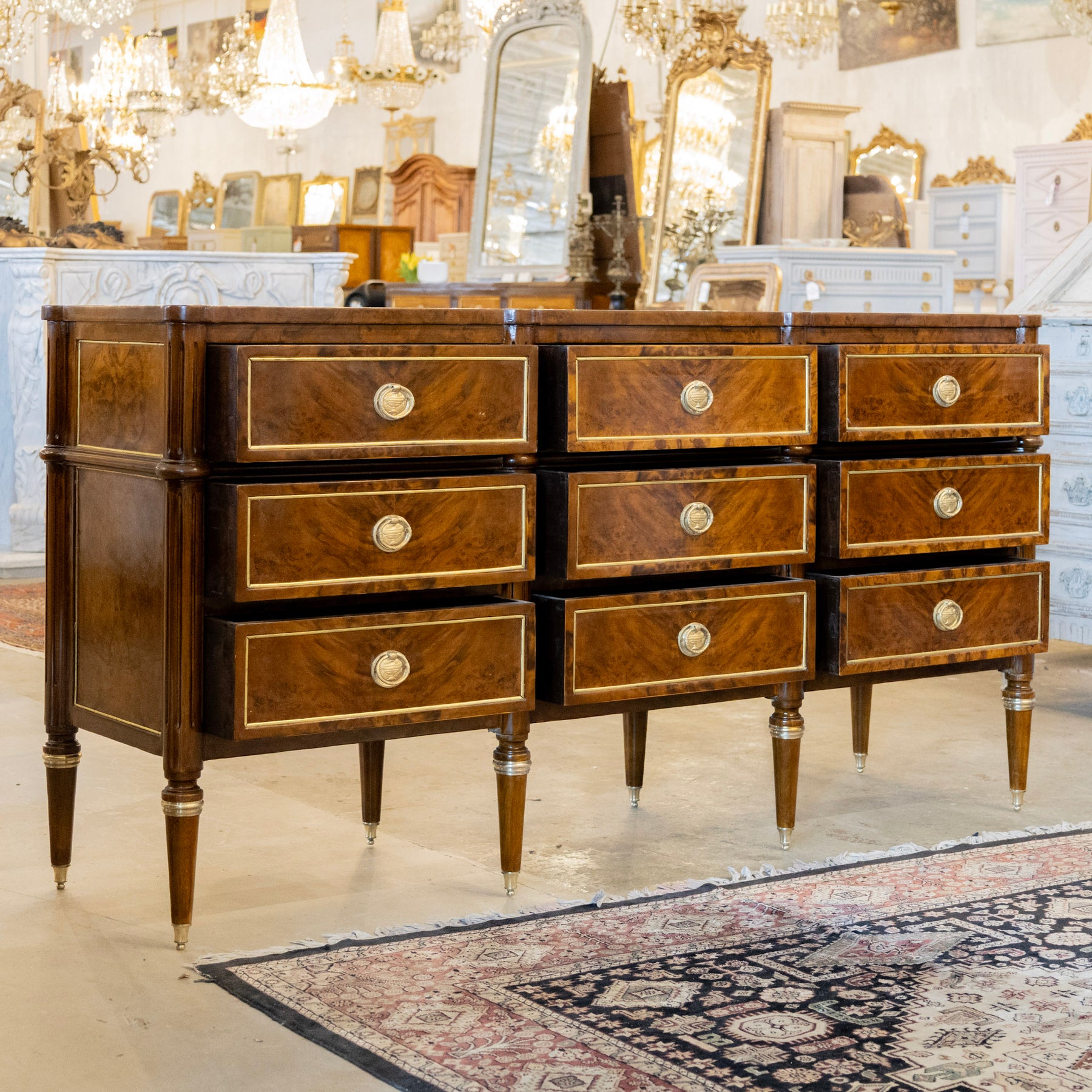 Louis XVI Burl Wood Nine Drawer Dresser – Brass Inlay & Greek Pulls ...