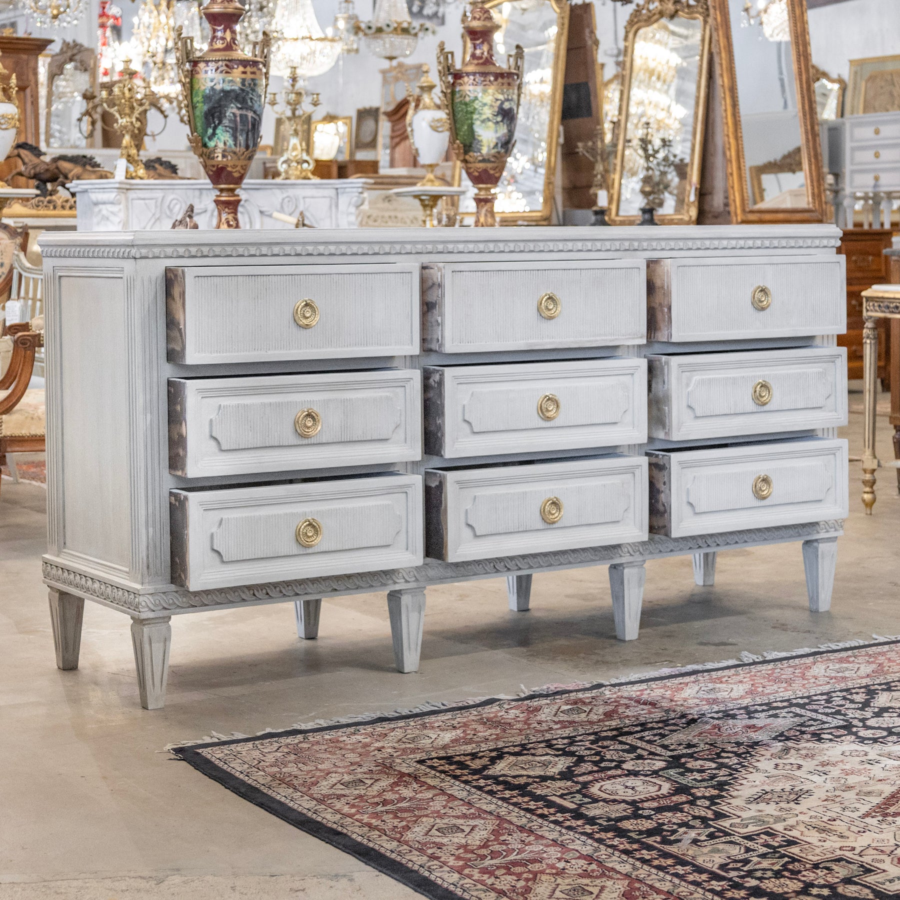 Swedish Grey Nine Drawer Dresser – Reeded Drawer Fronts & Twisted Trim ...