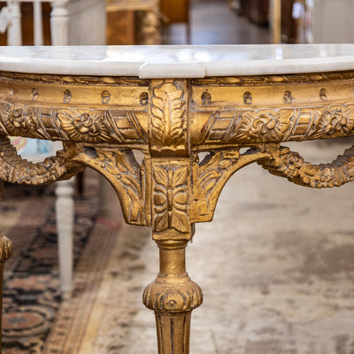 Louis XVI Petite Gilded Demilune Console – Carved Detailing & White Marble Top