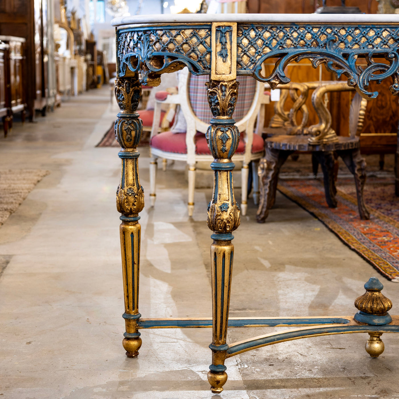 Louis XV Demilune Gilded Console Table – Blue Trim & White Marble Top