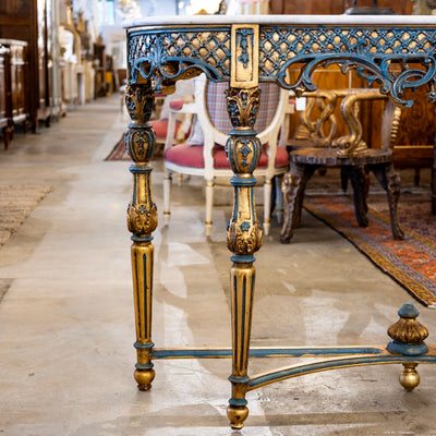 Louis XV Demilune Gilded Console Table – Blue Trim & White Marble Top