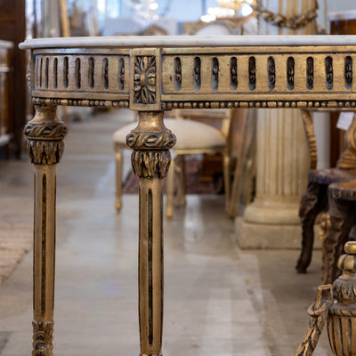 Louis XVI Gilded Demilune Console Table – Detailed Carvings & White Marble Top