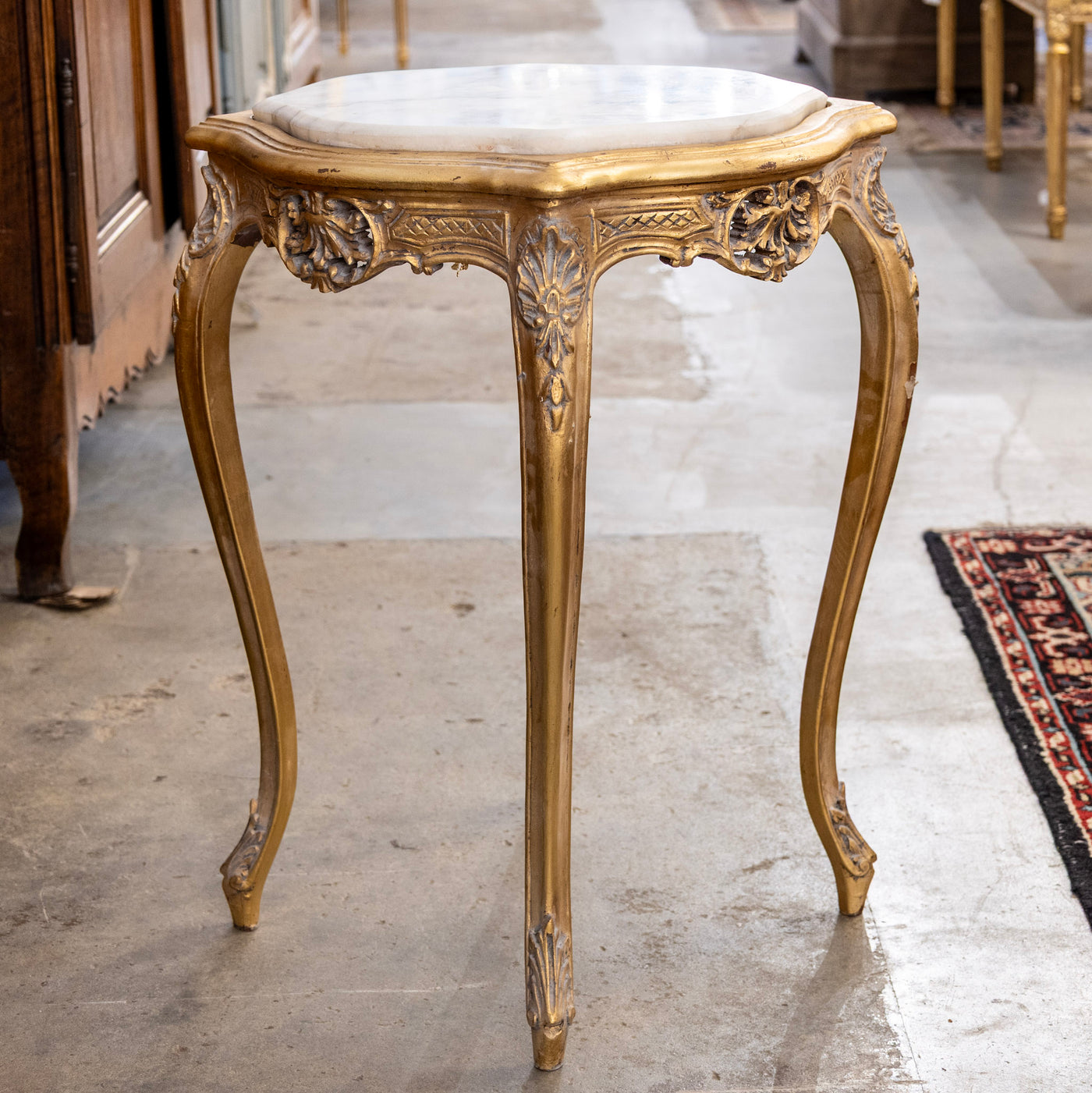 Louis XV Gilded Side Table – Cabriole Legs & White Marble Top