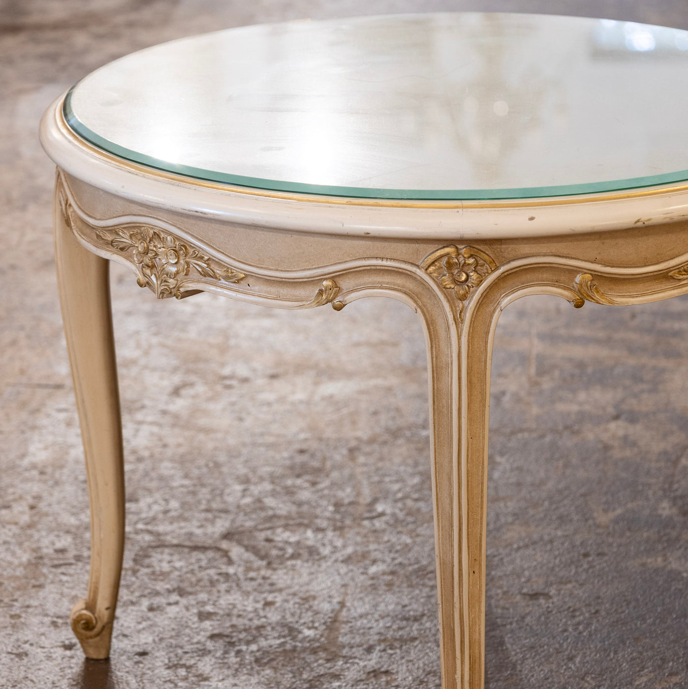 Louis XV Round Coffee Table – Ivory Finish & Glass Top