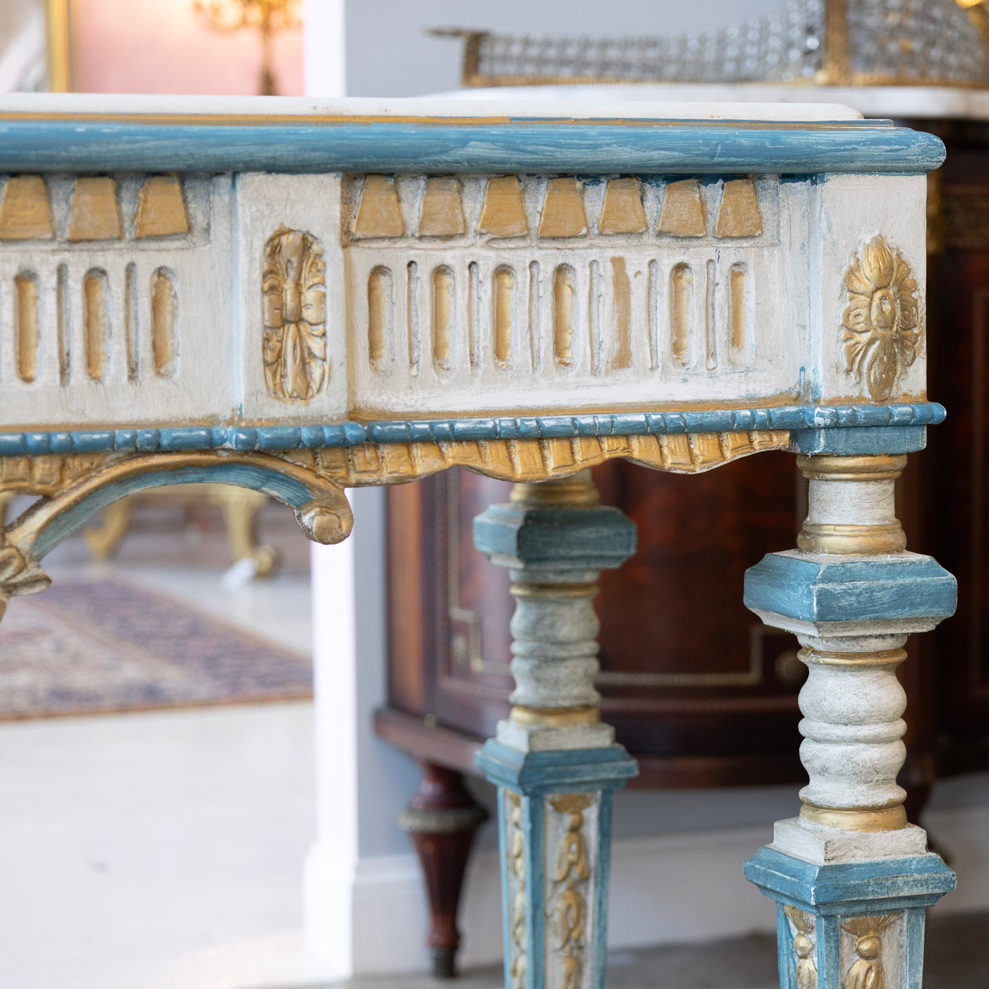 Louis XVI Gilded Console Table – Hand-Painted Blue & Gold with White Marble Top