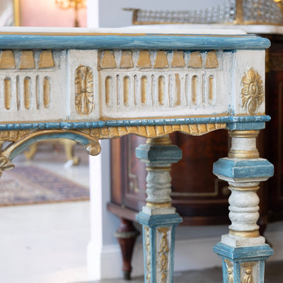 Louis XVI Gilded Console Table – Hand-Painted Blue & Gold with White Marble Top