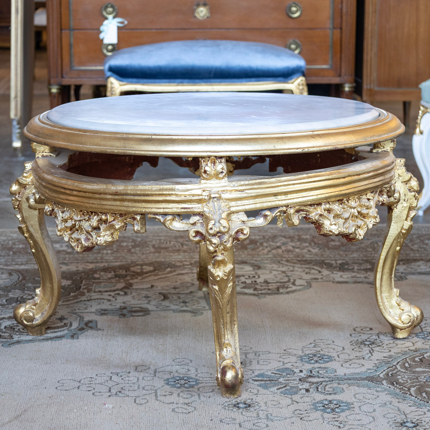 Louis XV Gilded Round Coffee Table – White Marble Top