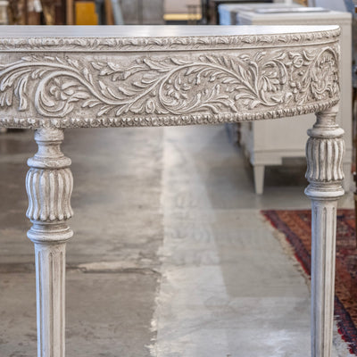 Louis XVI Carved Wood Demilune Console Table - Distressed Grey Finish