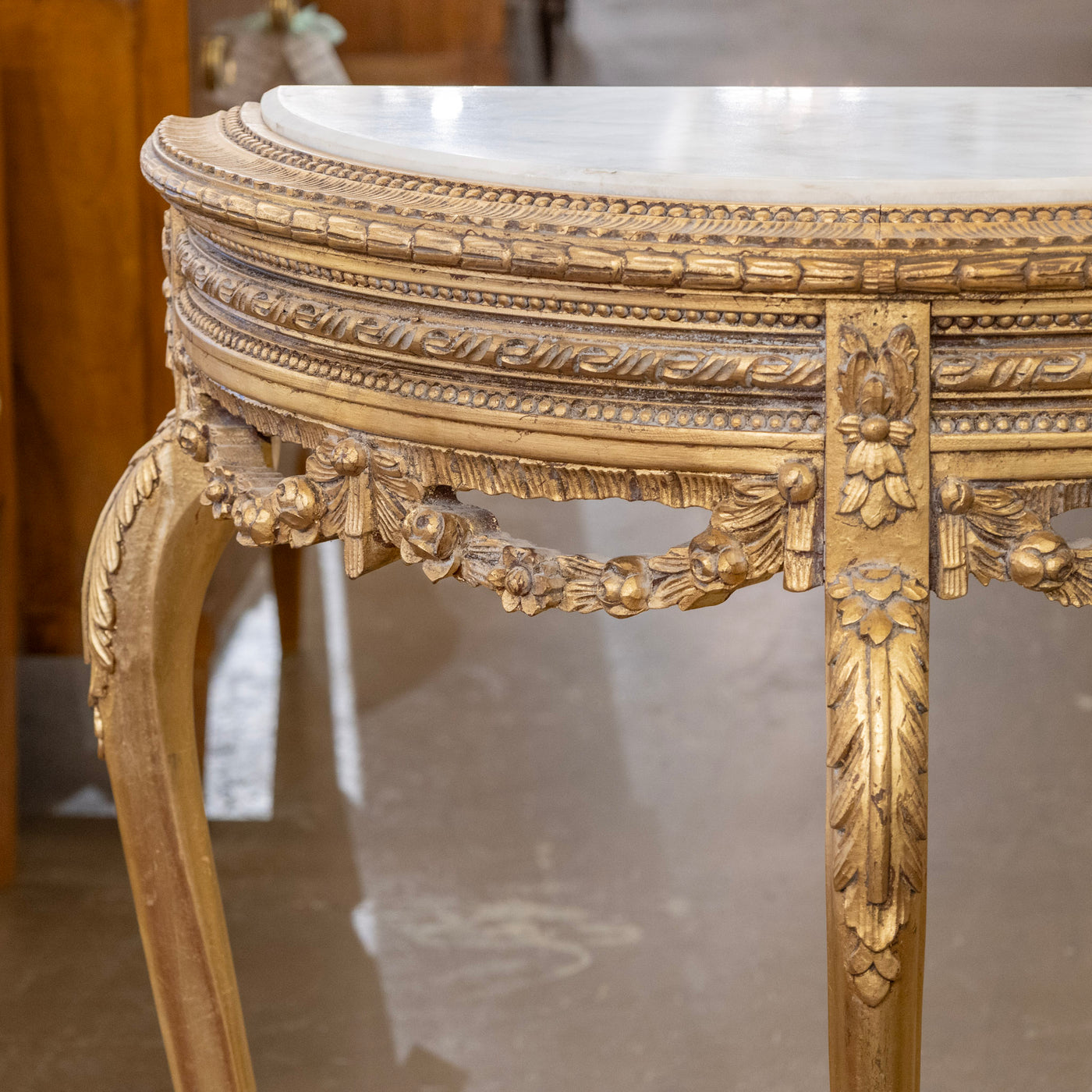 Louis XV Style Gilded Demilune Console Table – White Marble Top & Carved Trim