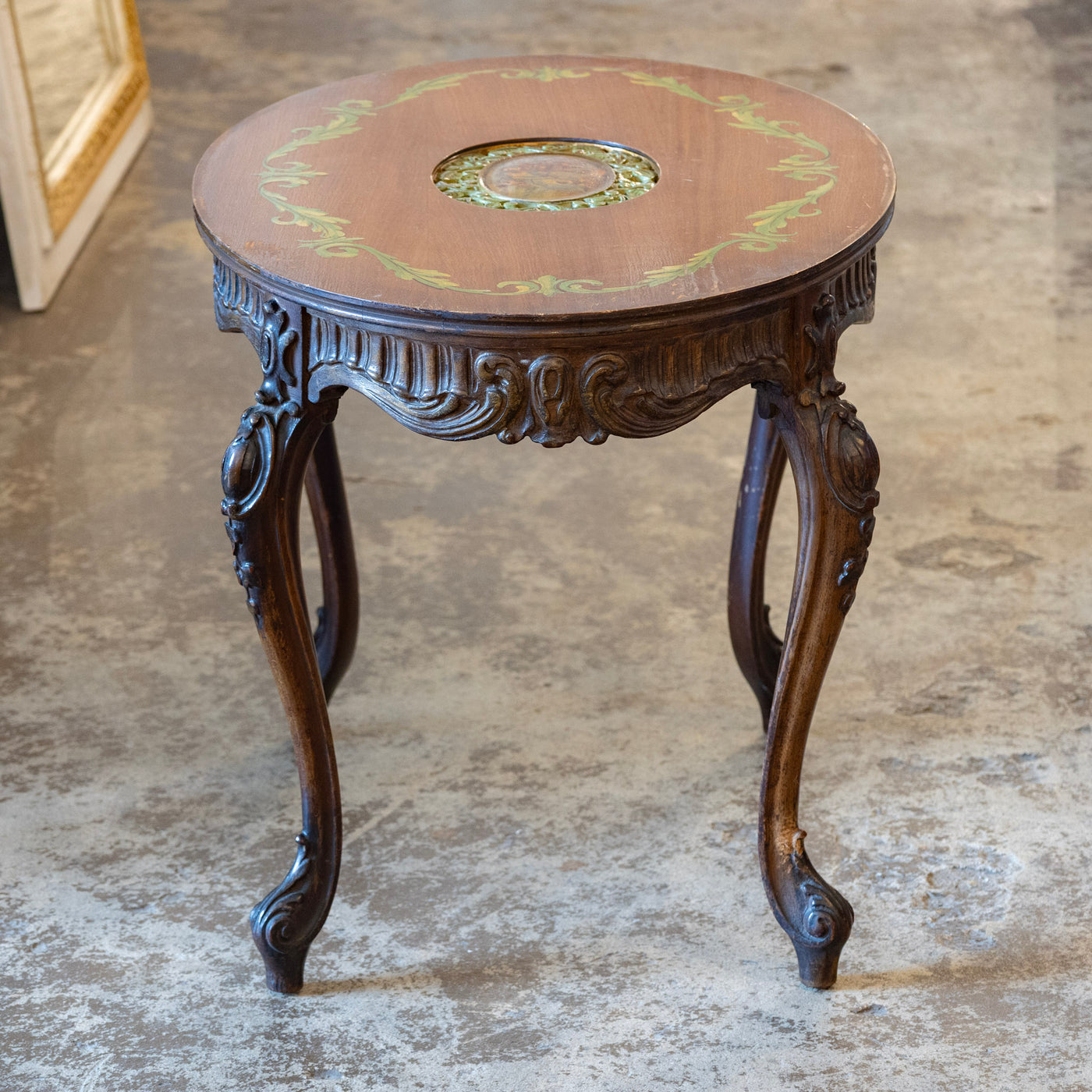 French Carved Side Table – Hand-Painted Inset Scene & Green Trim