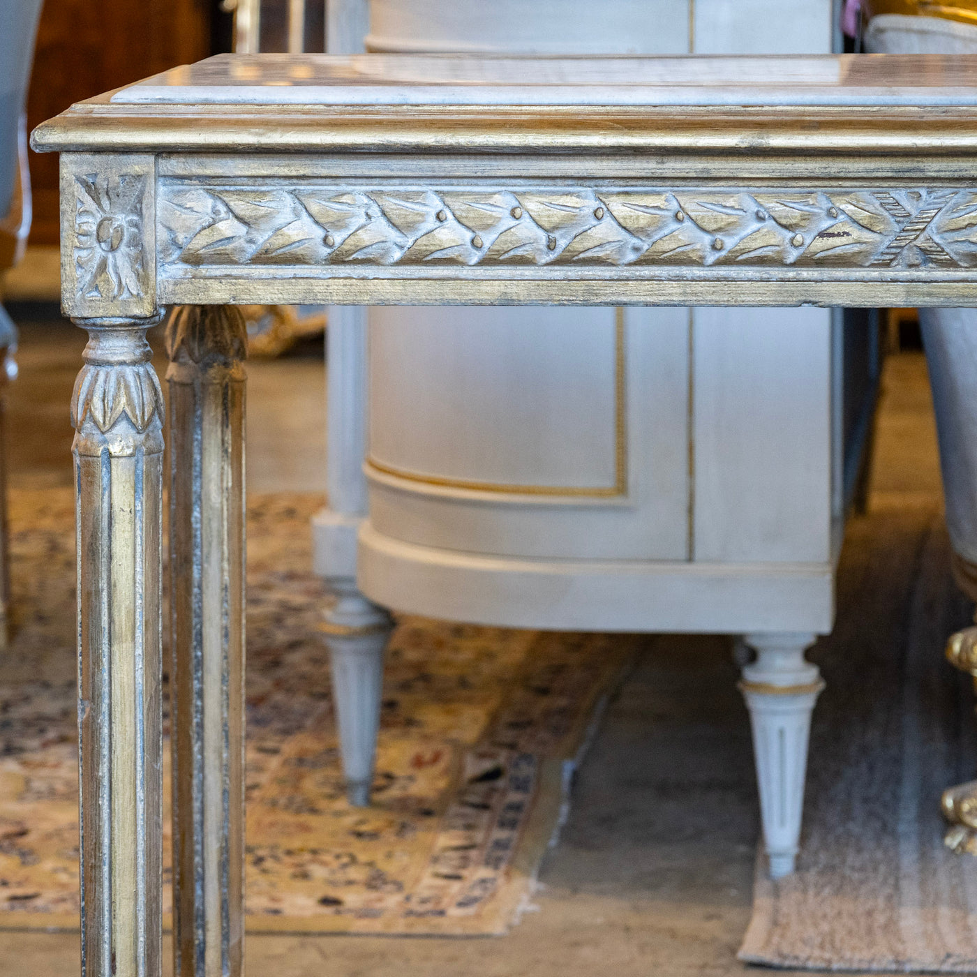 Louis XVI Gilded Champagne Gold Console – Carved Apron & White Marble Top