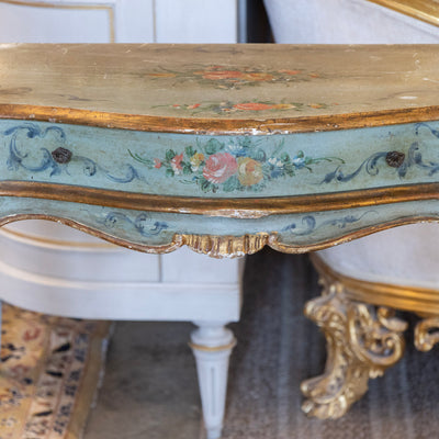 Italian Painted Console Table – Green with Floral Motifs & Gilded Accents