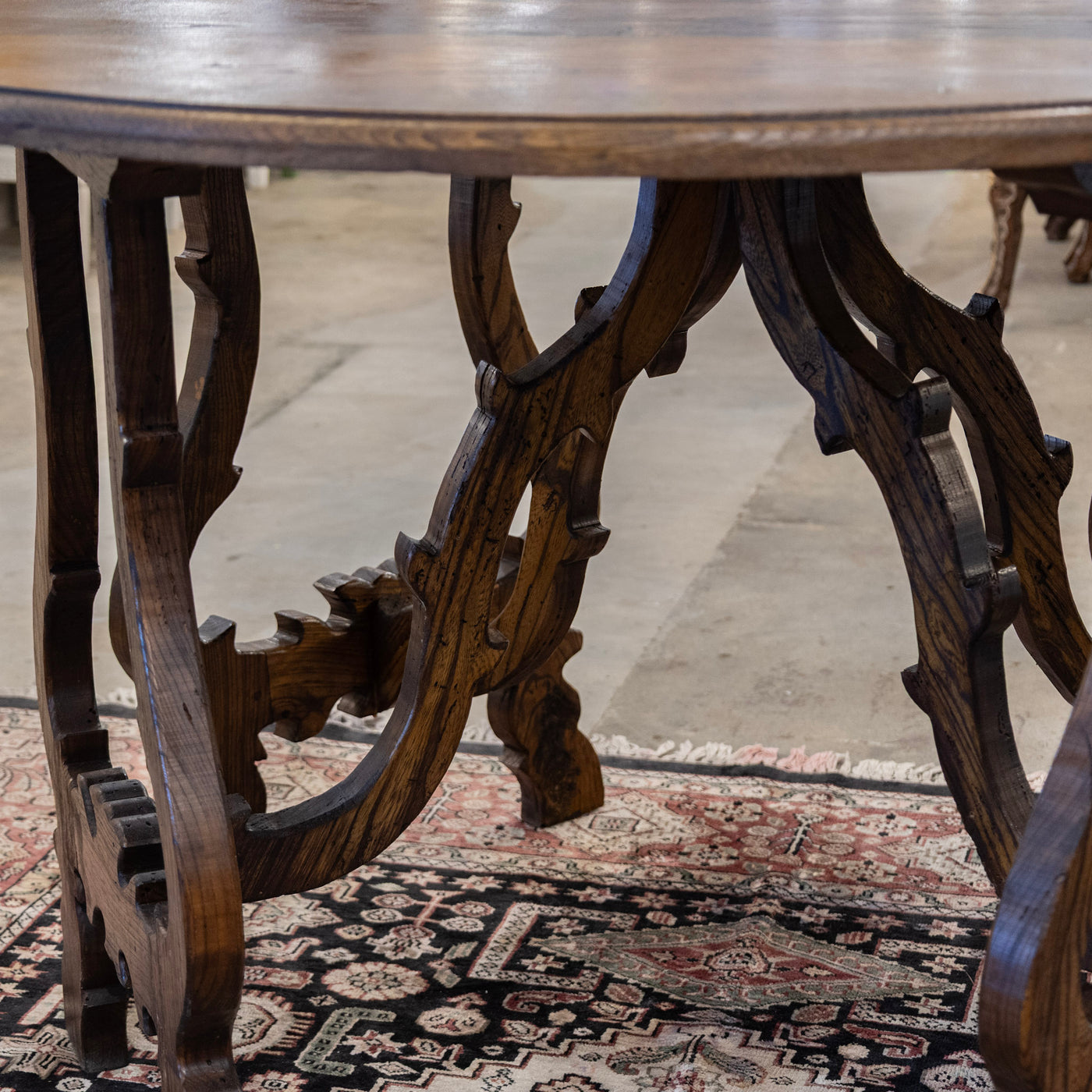Italian Carved Sculptural Walnut Center Table – Formed By Pair of Demilune Consoles