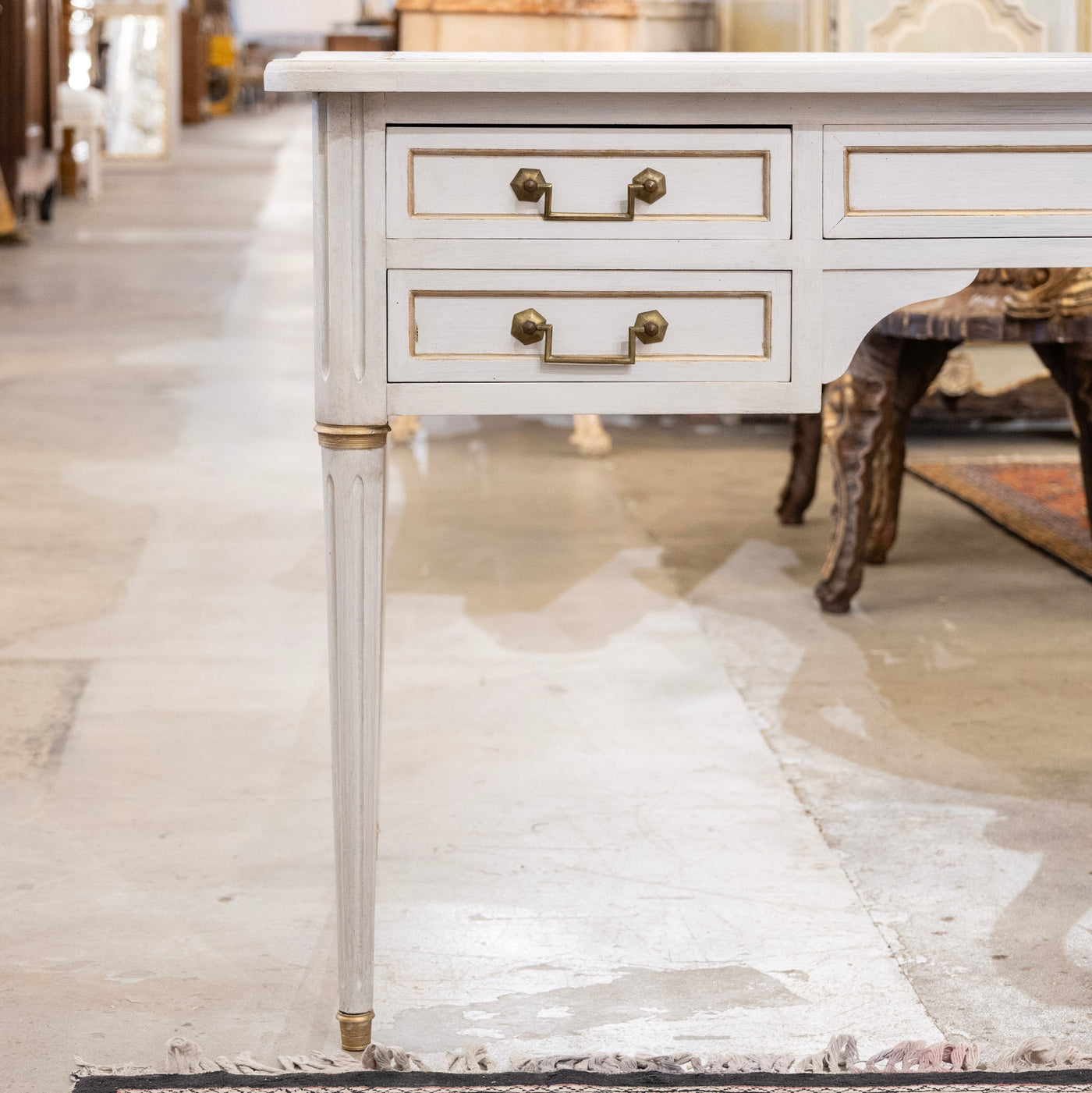 Louis XVI White Painted Desk with Gold Trim – Brown Leather Top & Slide-Out Panels