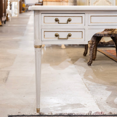 Louis XVI White Painted Desk with Gold Trim – Brown Leather Top & Slide-Out Panels