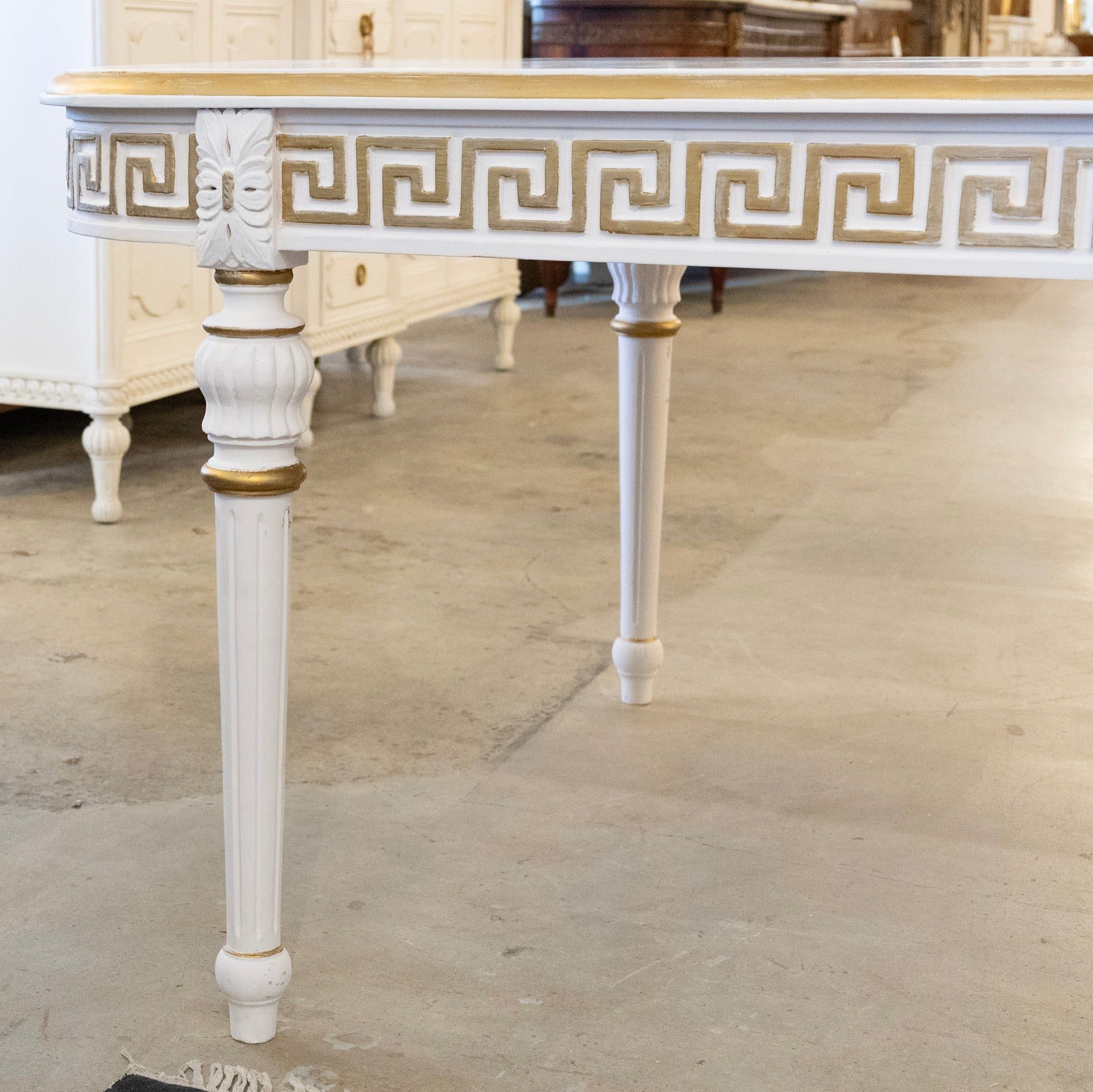 Swedish White Oval Dining Table – Gilded Greek Key Apron & Rounded Leg ...