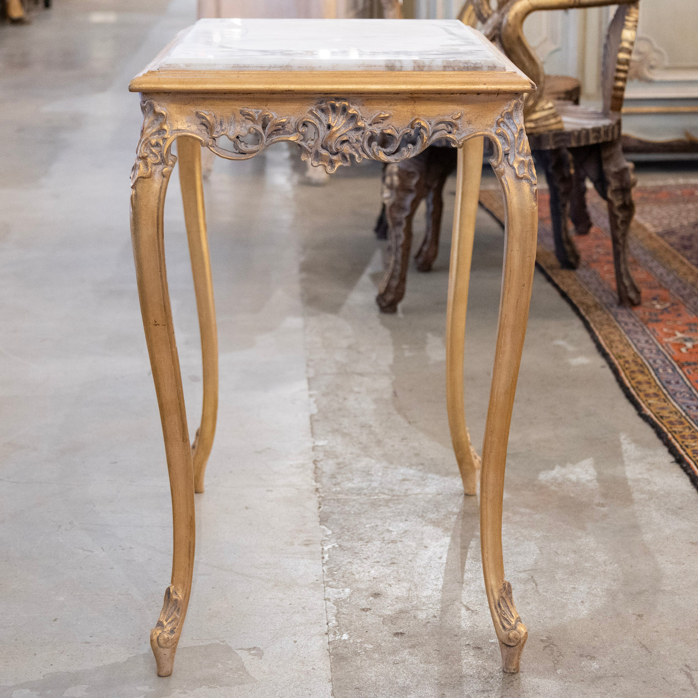 Louis XV Long Gilded Side Table – White Marble Top