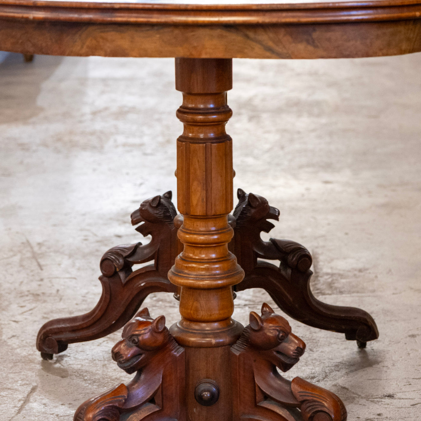 French Wood Center Table – Burl Wood Top & Carved Lion Legs on Casters