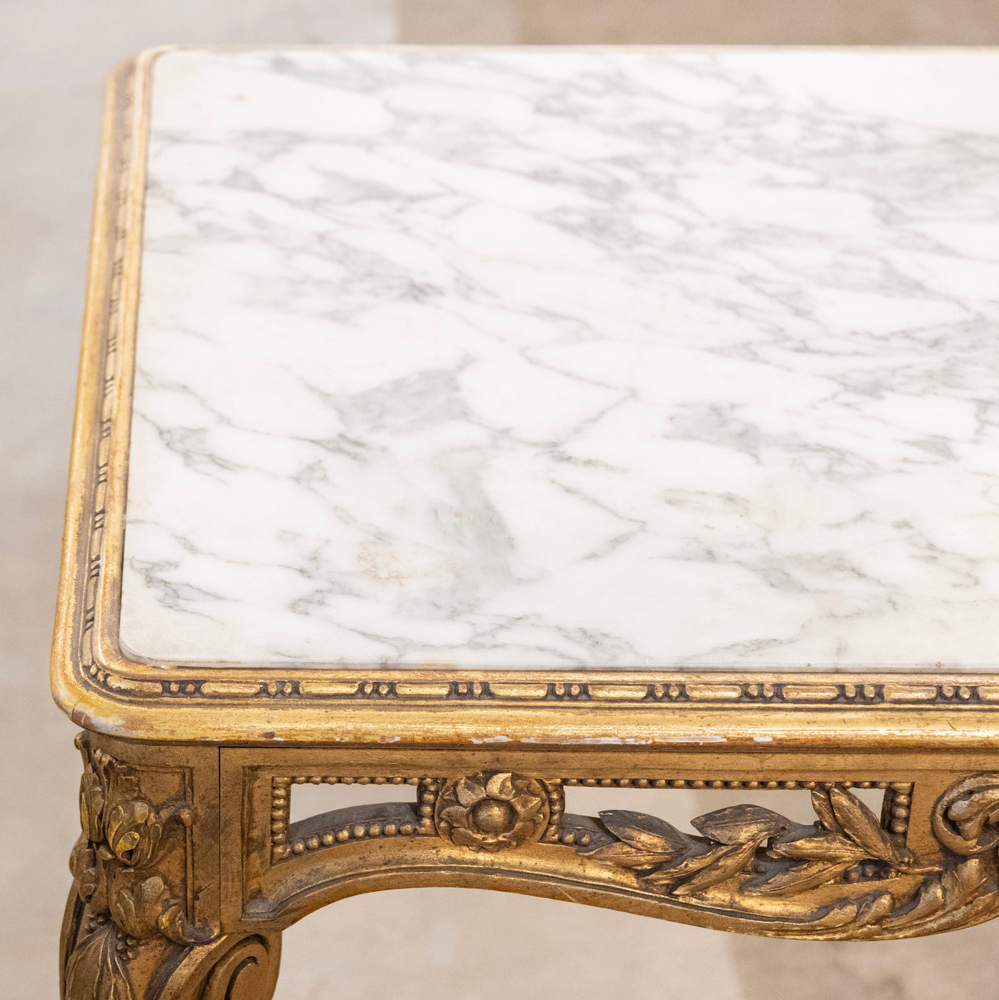 Louis XV Gilded Accent Table – Ornate Carvings & White Marble Top