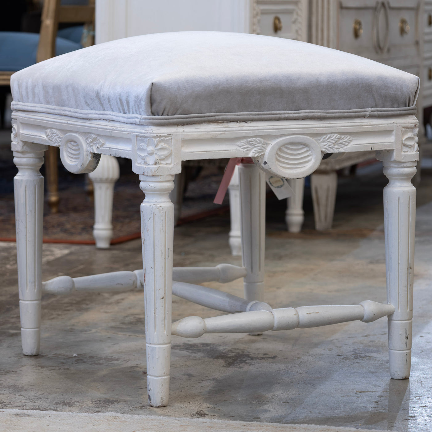 Louis XVI Stool – Carved White Frame & Grey Velvet Seat