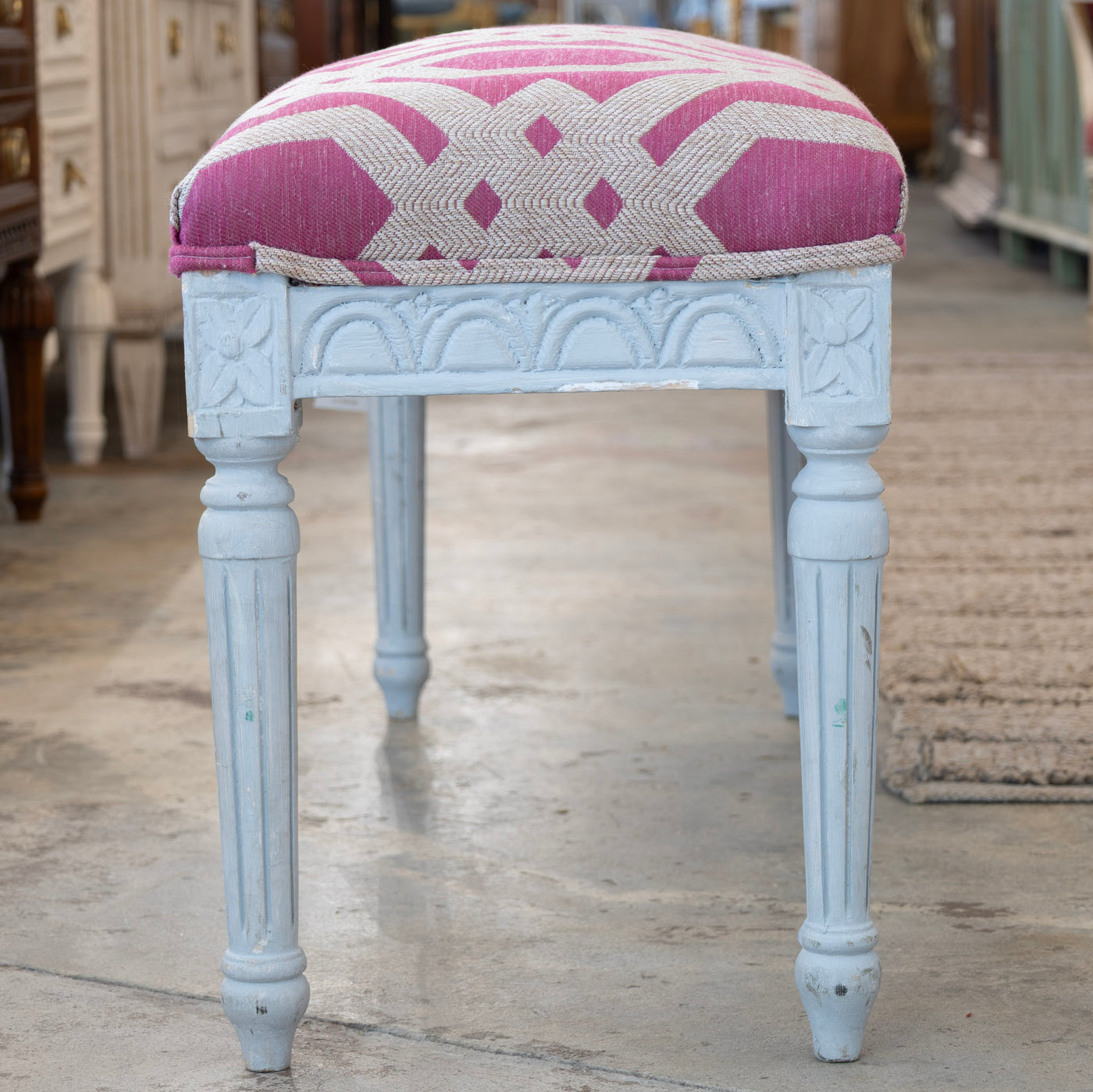 Louis XVI Grey Bench – Pink Patterned Upholstery