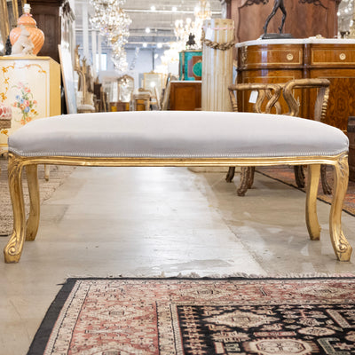 Louis XV Bench – Gold Trim & Cabriole Legs in French Grey Velvet