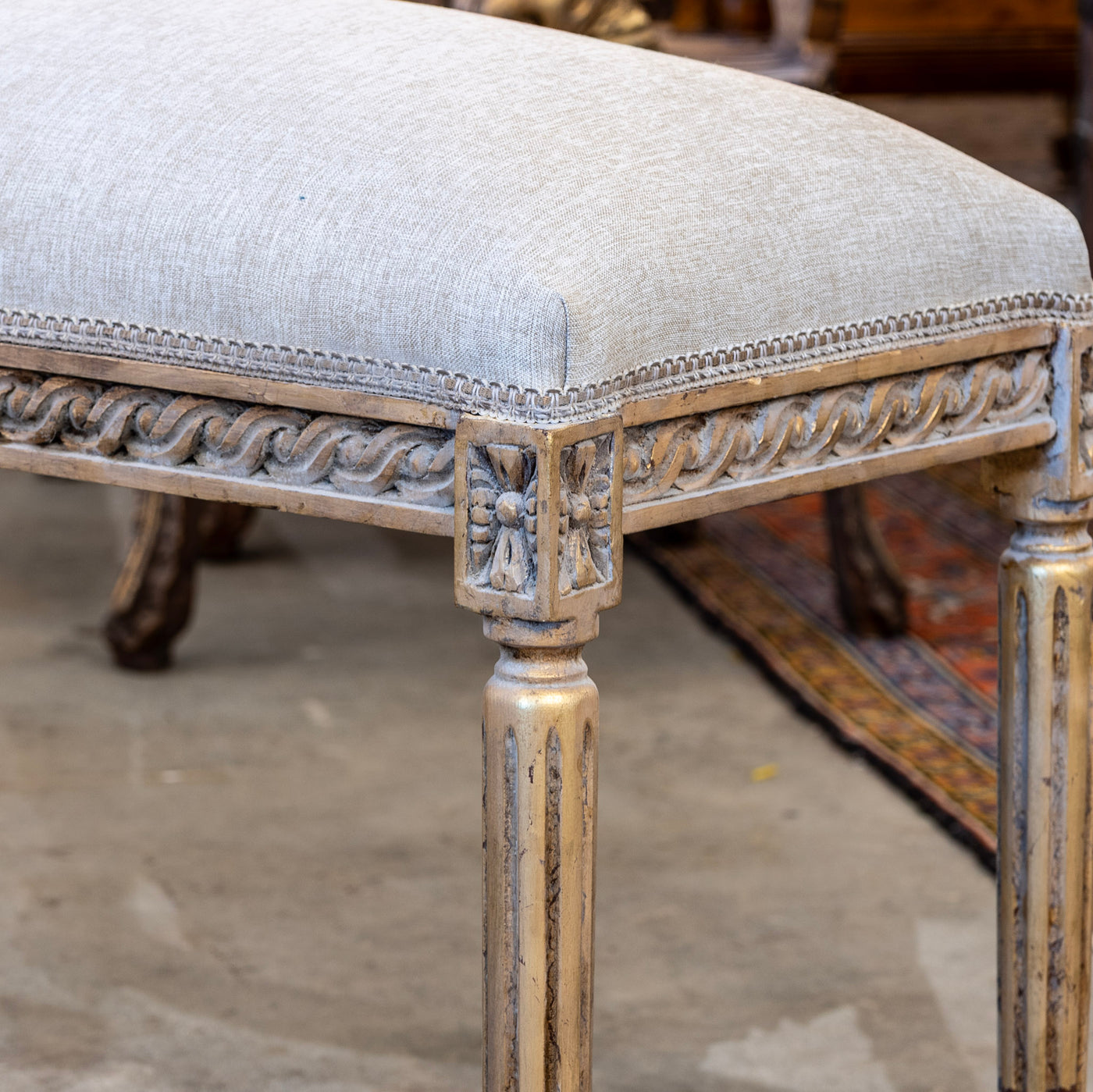 Louis XVI Bench – Carved Gold Trim & Grey Linen Upholstery
