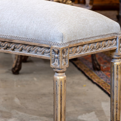 Louis XVI Bench – Carved Gold Trim & Grey Linen Upholstery