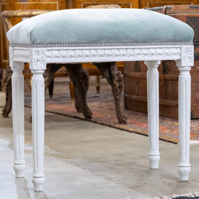 Louis XVI White Carved Stool – Baby Blue Velvet Upholstery