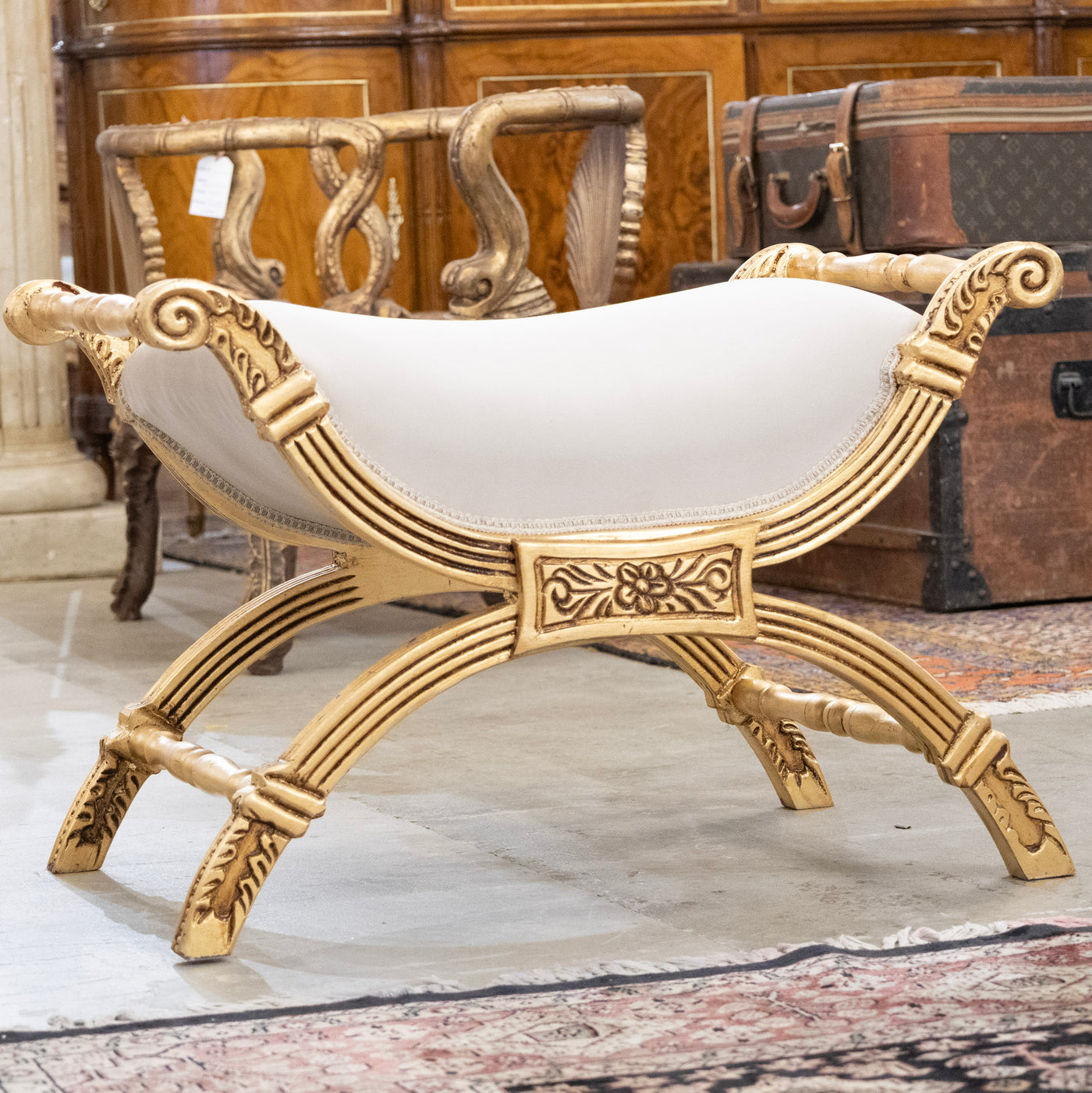 Boudoir Stool – Gold Carved Trim & White Velvet Upholstery
