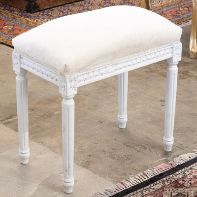 Louis XVI White Stool – Carved Trim & White Linen Upholstery