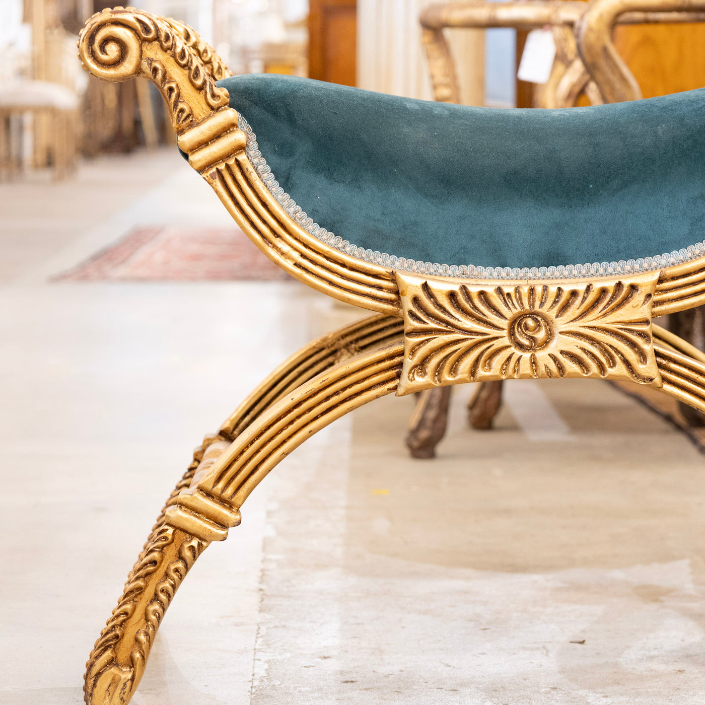 Boudoir Stool – Gold Carved Trim & Dark Green Velvet Upholstery