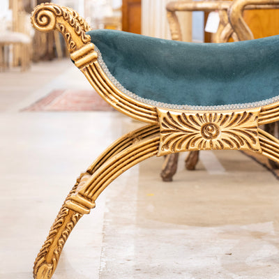 Boudoir Stool – Gold Carved Trim & Dark Green Velvet Upholstery