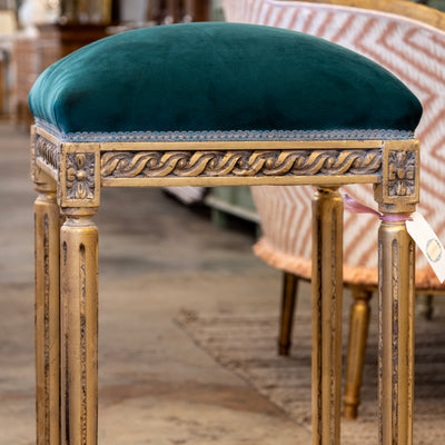 Louis XVI Gold Bar Stool – Carved Trim & Dark Green Velvet Upholstery
