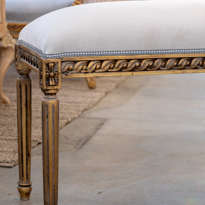 Louis XVI Bench – Carved Rope Trim & Light Grey Velvet Upholstery