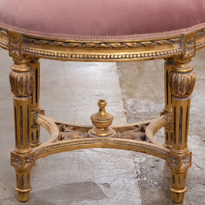 Louis XVI Gilded Round Stool – Pink Velvet Upholstery