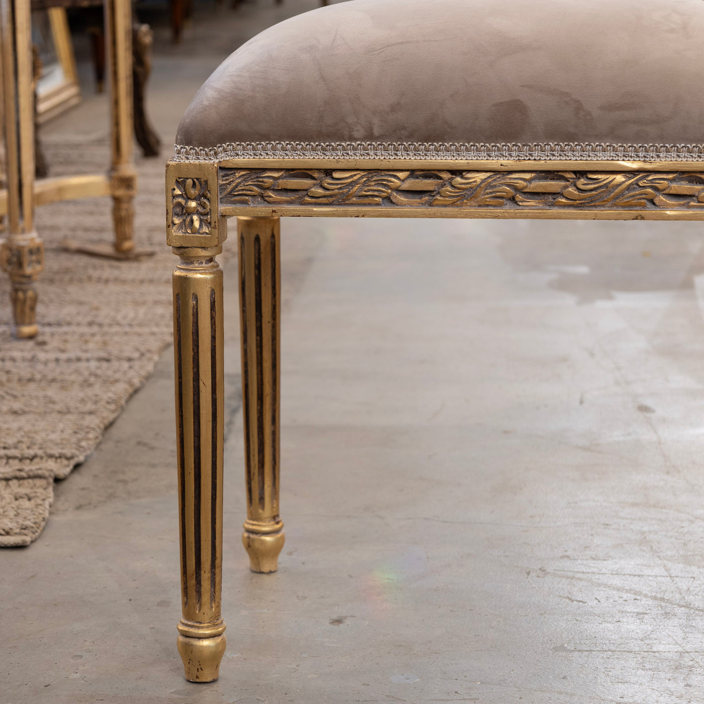 Louis XVI Gilded Stool – Carved with Taupe Velvet Upholstery
