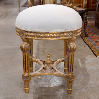 Louis XVI Gilded Round Stool – White Velvet Upholstery