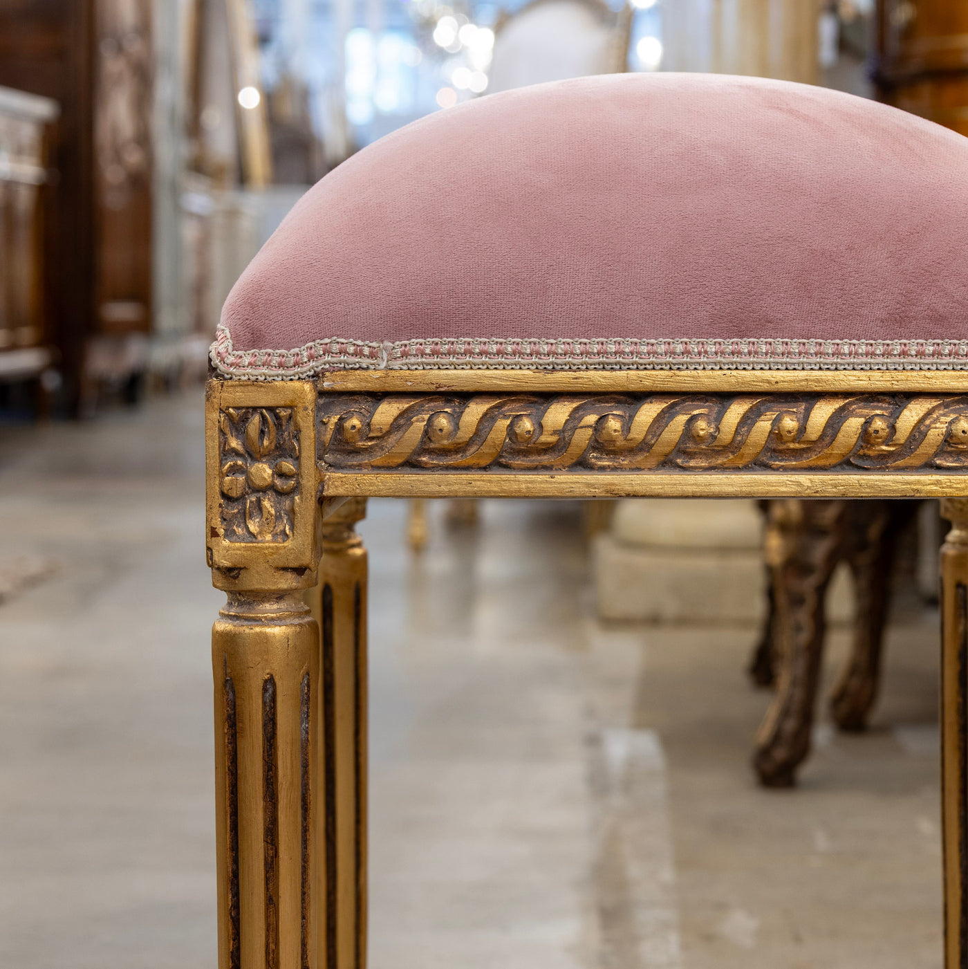 Louis XVI Gilded Square Stool – Pink Velvet Upholstery