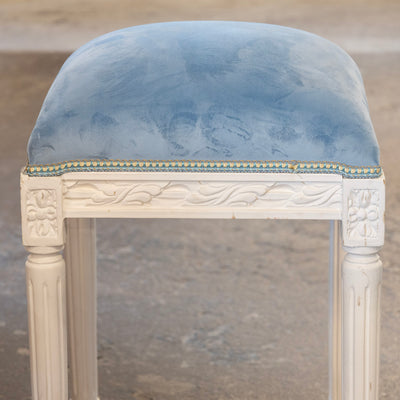Louis XVI White Stool – Carved Trim & Baby Blue Velvet Seat